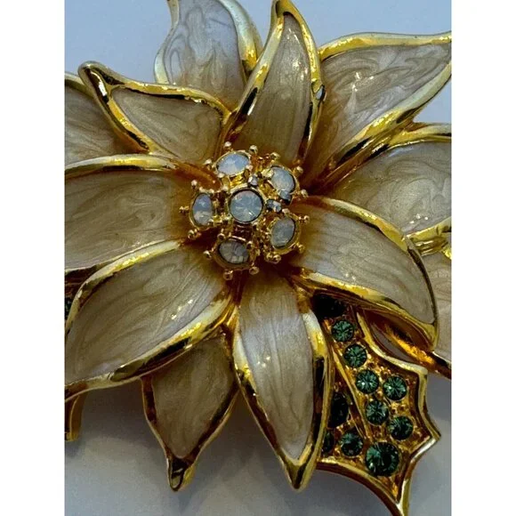 Nolan Miller Poinsettia Christmas Brooch Pin Enamel Rhinestones Fashion Jewelry - Picture 6 of 9